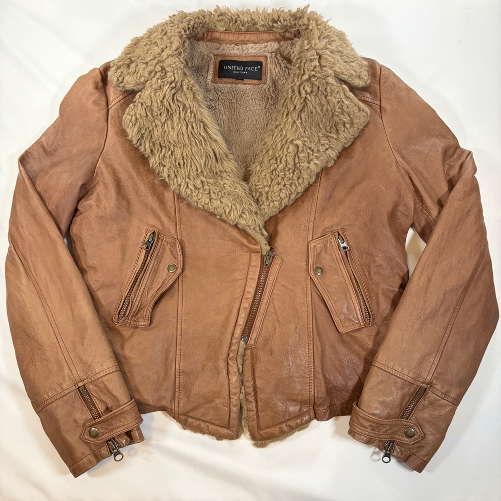United Face NY Womens Leather‎ Shearling Moto Jacket Tan Brown Asymmetrical M